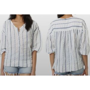 Nili Lotan Women's Blouse Provence White/Navy Embroidered Stripe Cotton